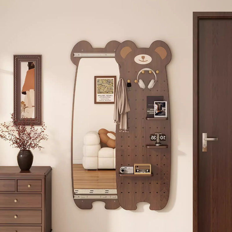 Contemporary Creative Particleboard Glass Bear-shaped Sliding Wall Mirror With DIY Pegboard Storage For Bedroom & Living Room