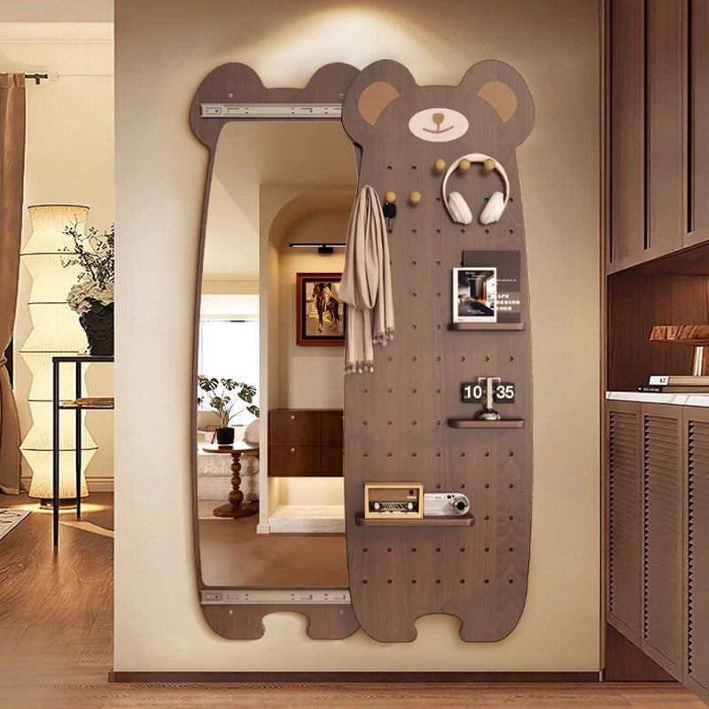 Contemporary Creative Particleboard Glass Bear-shaped Sliding Wall Mirror With DIY Pegboard Storage For Bedroom & Living Room