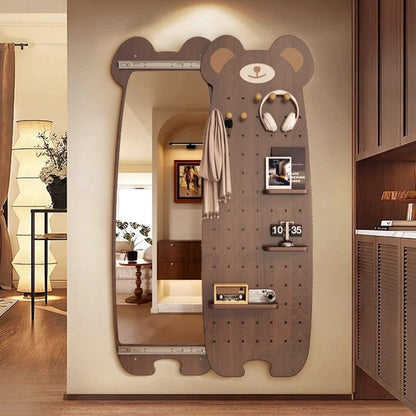 Contemporary Creative Particleboard Glass Bear-shaped Sliding Wall Mirror With DIY Pegboard Storage For Bedroom & Living Room