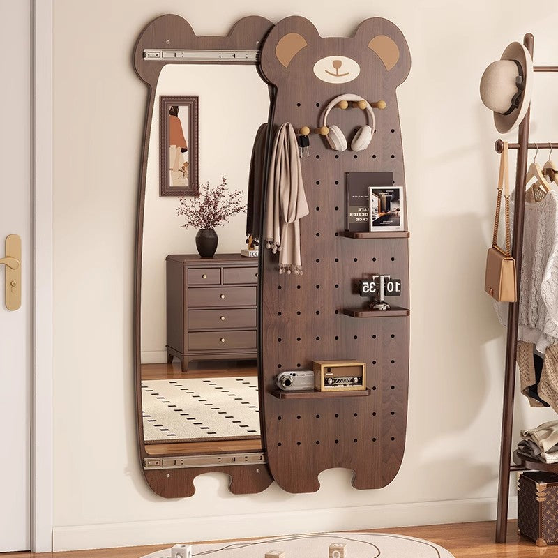 Contemporary Creative Particleboard Glass Bear-shaped Sliding Wall Mirror With DIY Pegboard Storage For Bedroom & Living Room