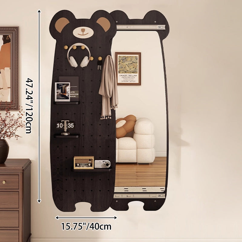 Contemporary Creative Particleboard Glass Bear-shaped Sliding Wall Mirror With DIY Pegboard Storage For Bedroom & Living Room