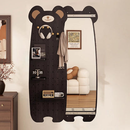 Contemporary Creative Particleboard Glass Bear-shaped Sliding Wall Mirror With DIY Pegboard Storage For Bedroom & Living Room