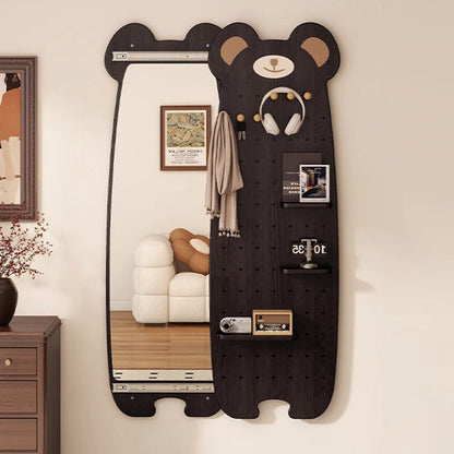 Contemporary Creative Particleboard Glass Bear-shaped Sliding Wall Mirror With DIY Pegboard Storage For Bedroom & Living Room