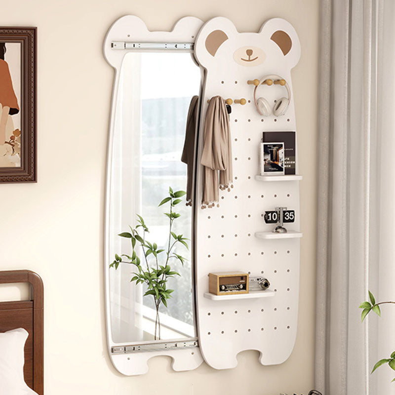 Contemporary Creative Particleboard Glass Bear-shaped Sliding Wall Mirror With DIY Pegboard Storage For Bedroom & Living Room