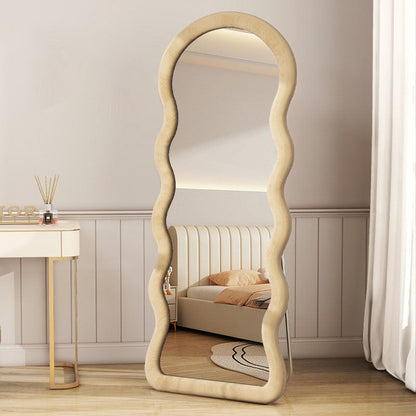 Modern Minimalist Velvet MDF Wave-Shaped Full-Length Floor Mirror With Triangular Support Base & Anti-Slip For Bedroom & Living Room