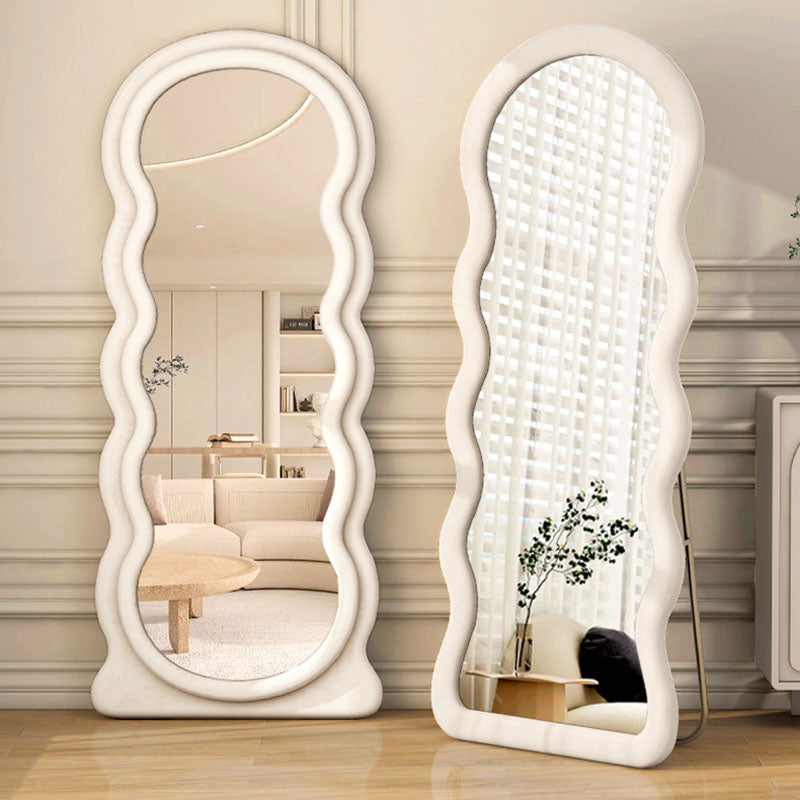 Modern Minimalist Velvet MDF Wave-Shaped Full-Length Floor Mirror With Triangular Support Base & Anti-Slip For Bedroom & Living Room