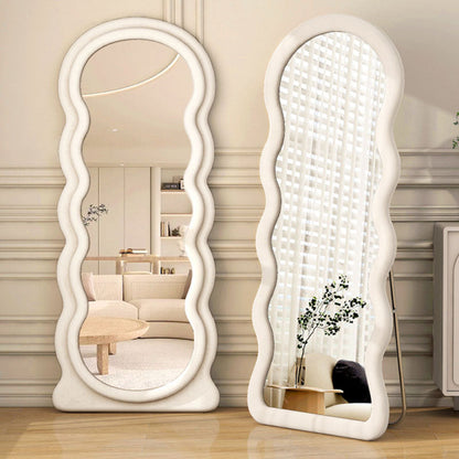 Modern Minimalist Velvet MDF Wave-Shaped Full-Length Floor Mirror With Triangular Support Base & Anti-Slip For Bedroom & Living Room