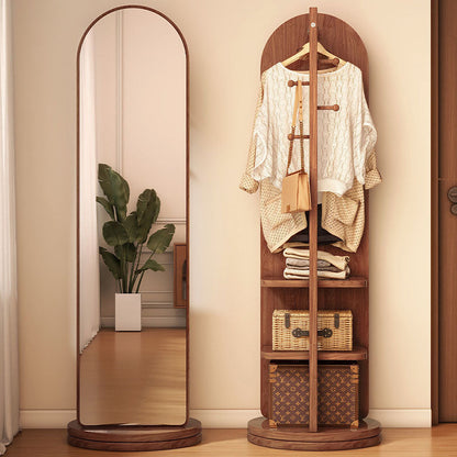 Modern Minimalist MDF Round Oval Swivel Full-Length Floor Mirror 3-Tier Storage & Clothes Hanger For Bedroom & Living Room