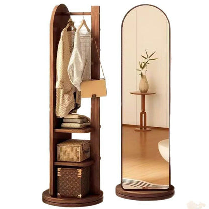 Modern Minimalist MDF Round Oval Swivel Full-Length Floor Mirror 3-Tier Storage & Clothes Hanger For Bedroom & Living Room