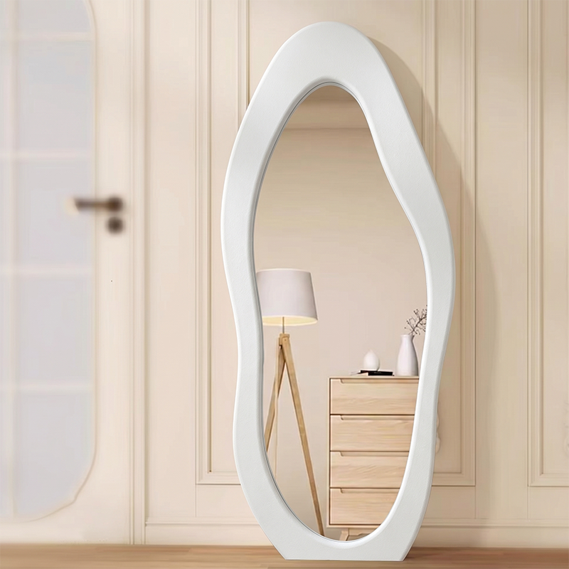 Modern Minimalist MDF Velvet Glass Wavy Full-Length Floor Mirror For Bedroom & Living Room