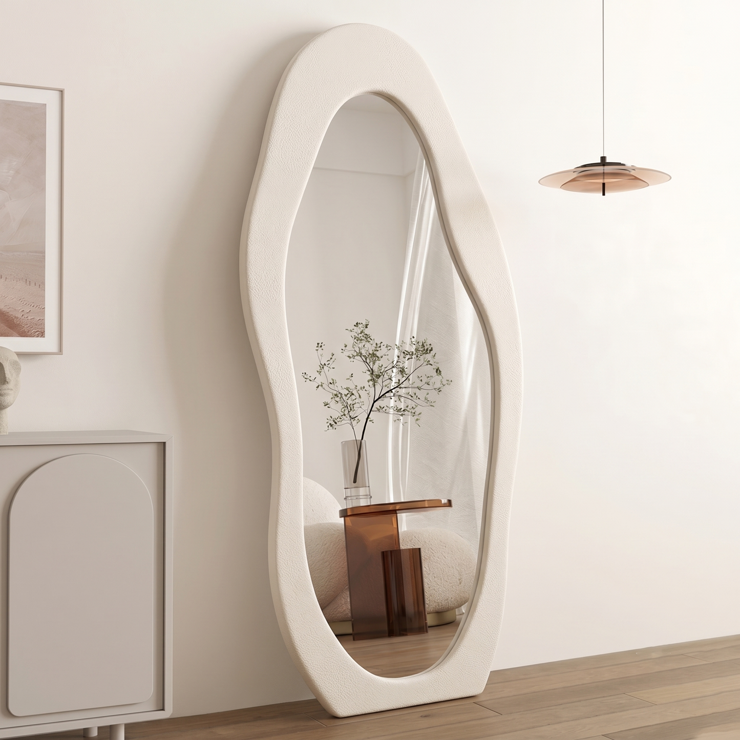 Modern Minimalist MDF Velvet Glass Wavy Full-Length Floor Mirror For Bedroom & Living Room