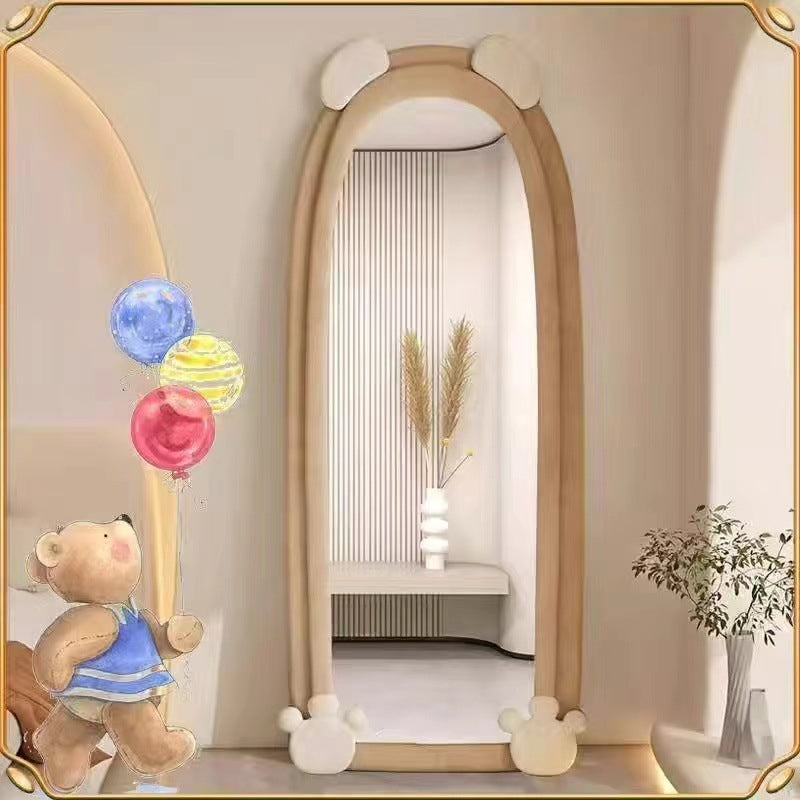 Contemporary Creative Velvet MDF Sponge Glass Bear-Shaped Full-Length Floor Mirror For Bedroom & Living Room