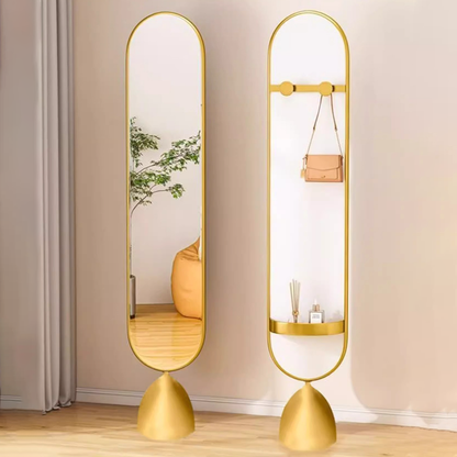 Modern Minimalist Iron Plastic Glass Oval Swivel Full-Length Floor Mirror With Storage & Clothing Rack For Bedroom & Living Room