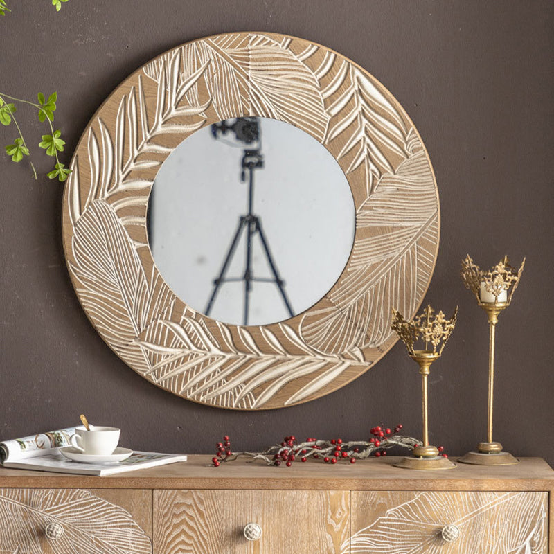 Contemporary Coastal Pine Wood Glass Round Wall Mirror For Living Room
