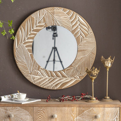 Contemporary Coastal Pine Wood Glass Round Wall Mirror For Living Room