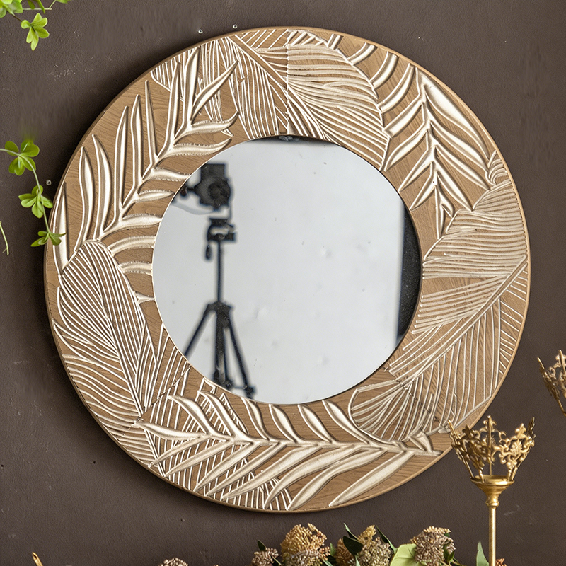 Contemporary Coastal Pine Wood Glass Round Wall Mirror For Living Room