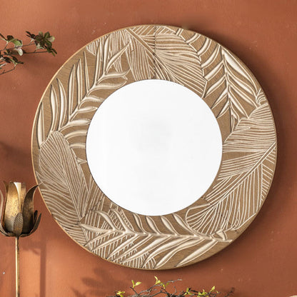 Contemporary Coastal Pine Wood Glass Round Wall Mirror For Living Room