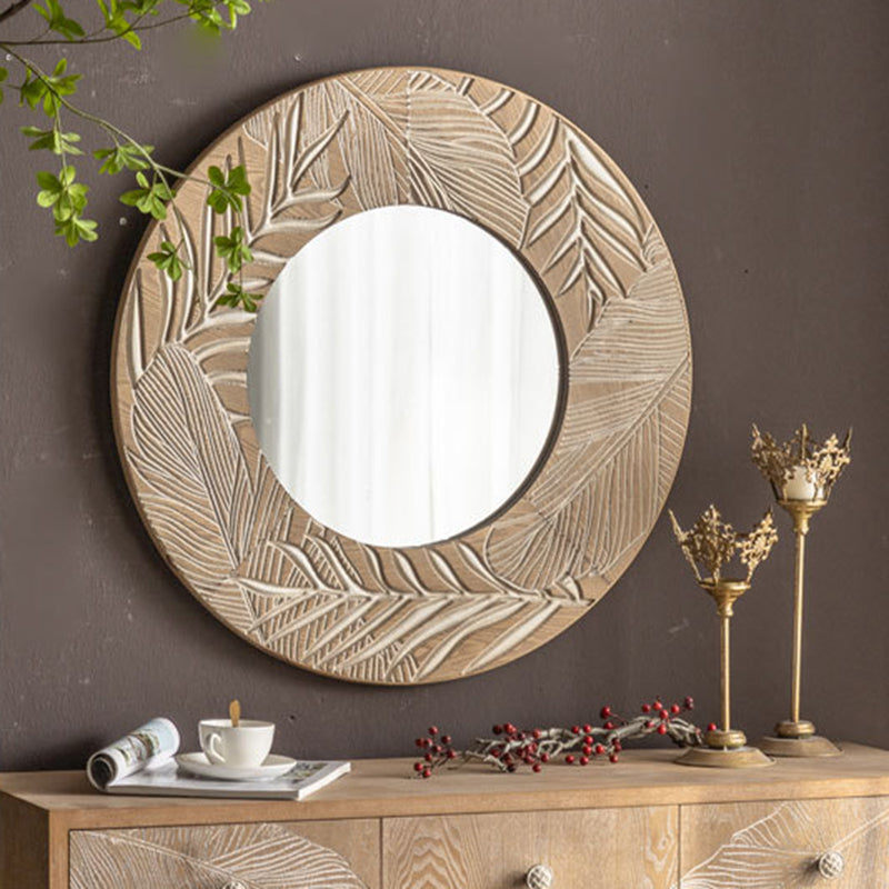 Contemporary Coastal Pine Wood Glass Round Wall Mirror For Living Room