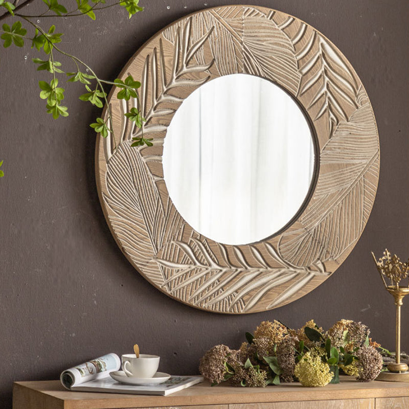 Contemporary Coastal Pine Wood Glass Round Wall Mirror For Living Room