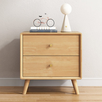 Modern Minimalist Square Rectangular Rubberwood Solid Wood Plywood Nightstand With 2-Drawer For Bedroom