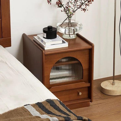 Traditional Vintage Square Rectangular Cherry Wood Pine Wood Glass Nightstand With 2-Drawer For Bedroom