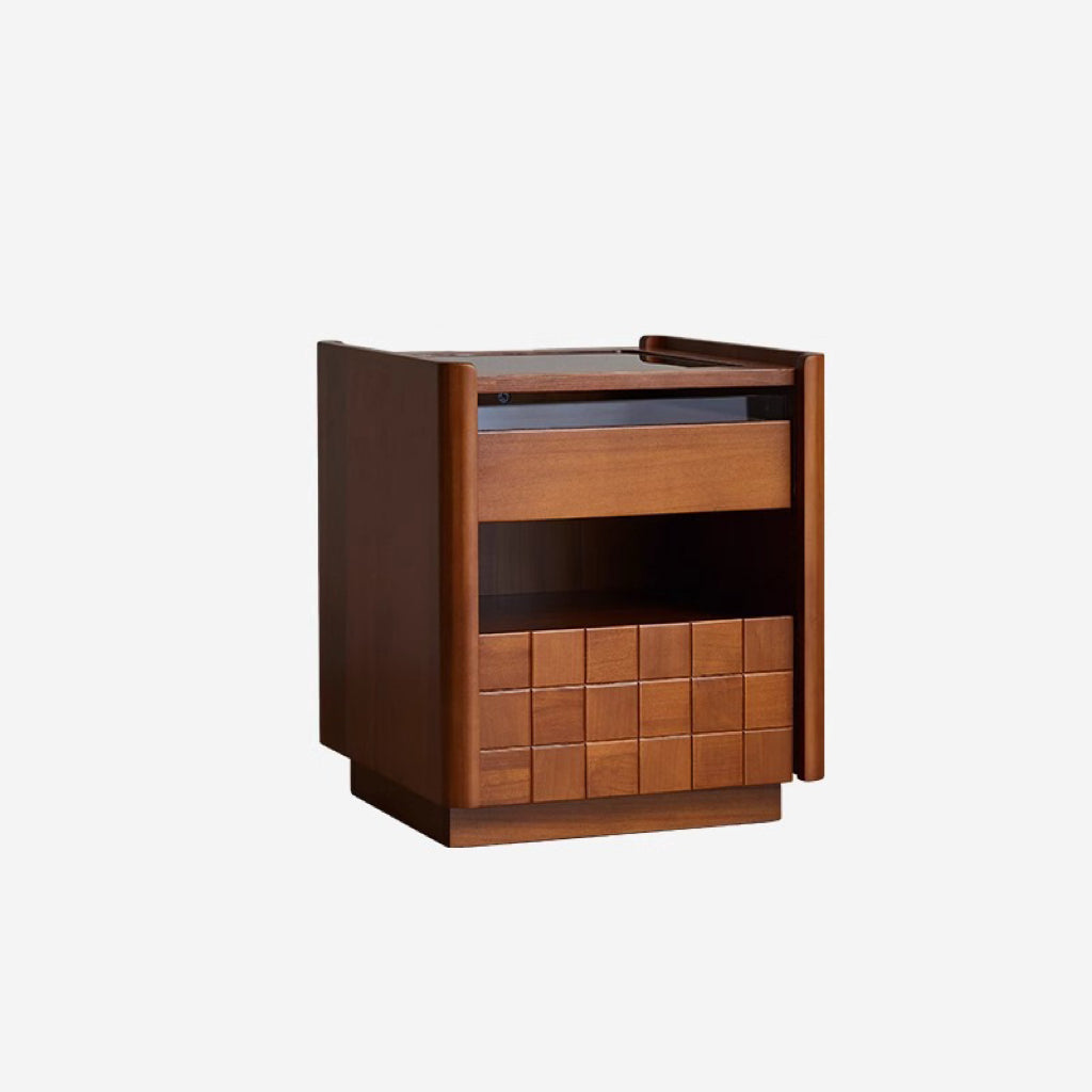 Traditional Vintage Square Rectangular Cherry Wood Pine Wood Glass Nightstand With 2-Drawer For Bedroom