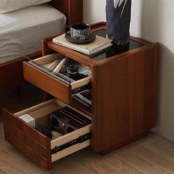 Traditional Vintage Square Rectangular Cherry Wood Pine Wood Glass Nightstand With 2-Drawer For Bedroom
