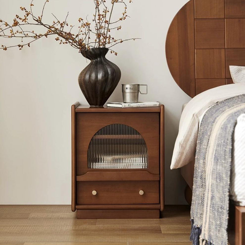 Traditional Vintage Square Rectangular Cherry Wood Pine Wood Glass Nightstand With 2-Drawer For Bedroom