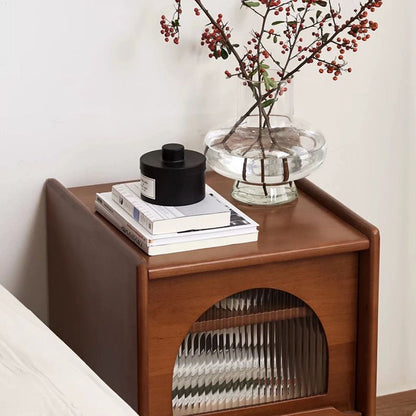 Traditional Vintage Square Rectangular Cherry Wood Pine Wood Glass Nightstand With 2-Drawer For Bedroom