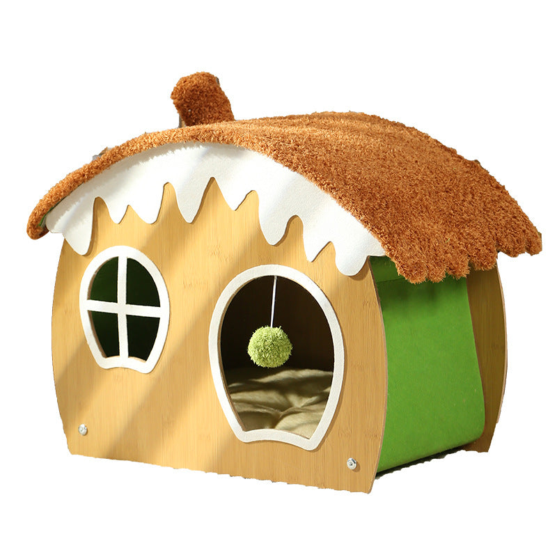 Contemporary Creative Curved House-Shaped Medium Density Fiberboard Teddy Fleece Fabric Cat Bed Dog Bed Toy Ball For Bedroom