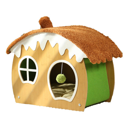 Contemporary Creative Curved House-Shaped Medium Density Fiberboard Teddy Fleece Fabric Cat Bed Dog Bed Toy Ball For Bedroom