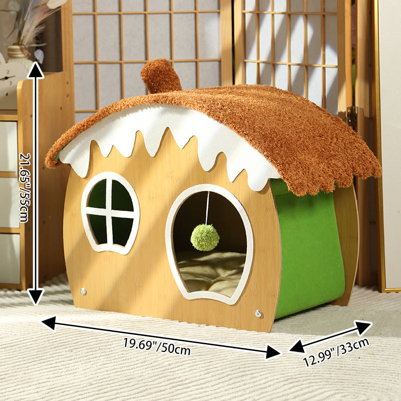 Contemporary Creative Curved House-Shaped Medium Density Fiberboard Teddy Fleece Fabric Cat Bed Dog Bed Toy Ball For Bedroom
