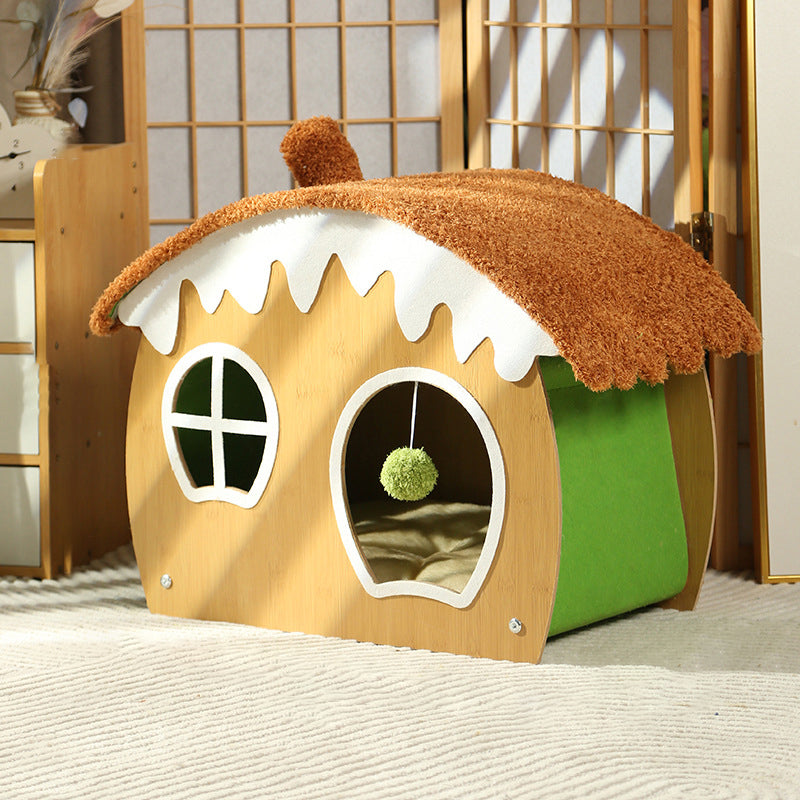 Contemporary Creative Curved House-Shaped Medium Density Fiberboard Teddy Fleece Fabric Cat Bed Dog Bed Toy Ball For Bedroom