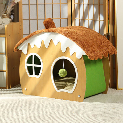 Contemporary Creative Curved House-Shaped Medium Density Fiberboard Teddy Fleece Fabric Cat Bed Dog Bed Toy Ball For Bedroom