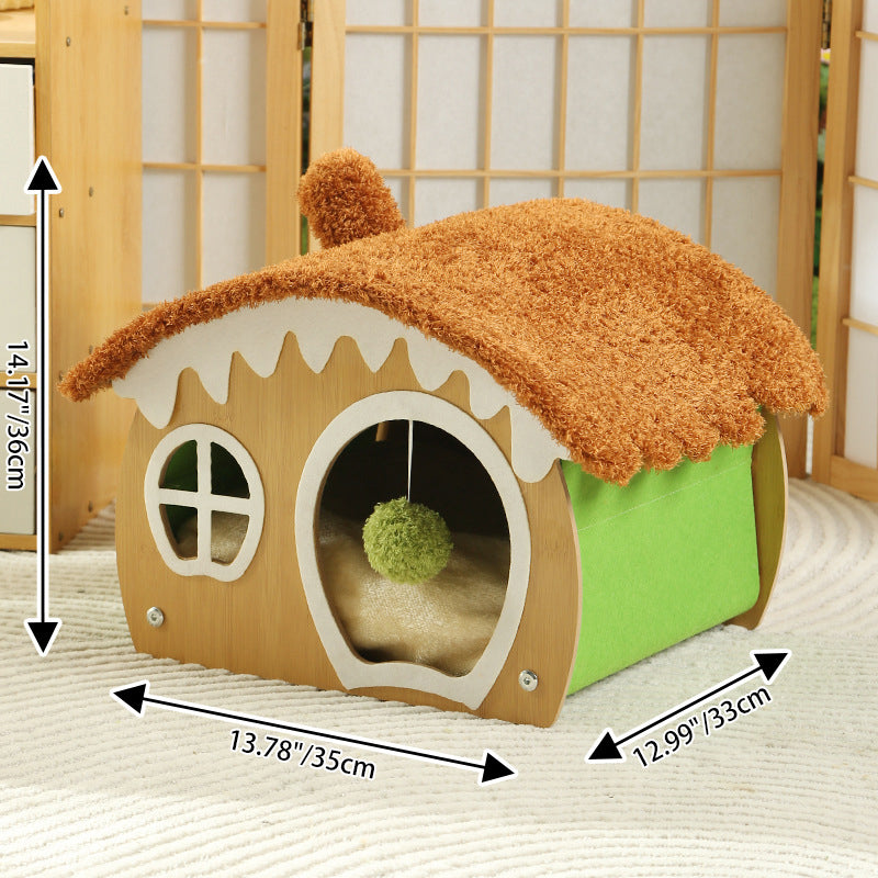 Contemporary Creative Curved House-Shaped Medium Density Fiberboard Teddy Fleece Fabric Cat Bed Dog Bed Toy Ball For Bedroom