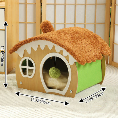 Contemporary Creative Curved House-Shaped Medium Density Fiberboard Teddy Fleece Fabric Cat Bed Dog Bed Toy Ball For Bedroom