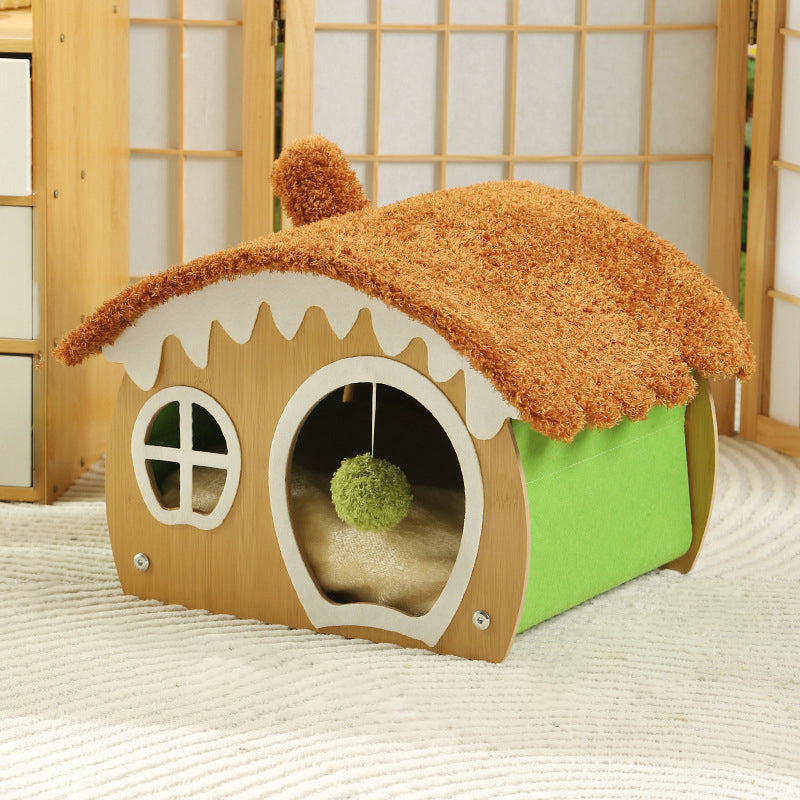 Contemporary Creative Curved House-Shaped Medium Density Fiberboard Teddy Fleece Fabric Cat Bed Dog Bed Toy Ball For Bedroom