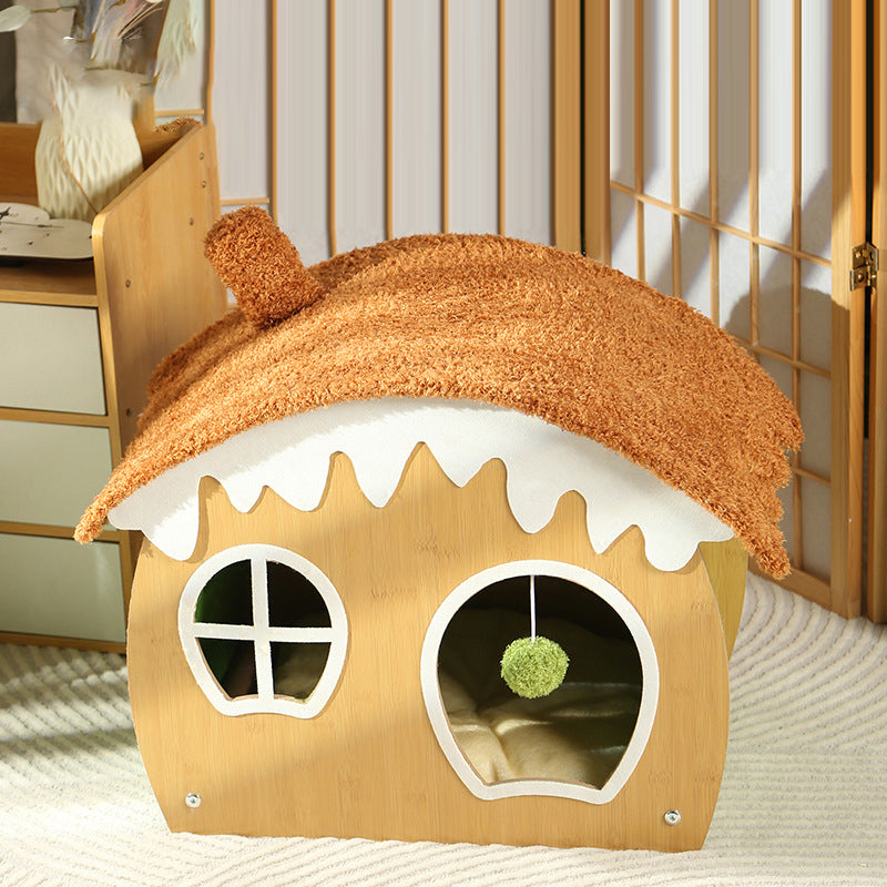 Contemporary Creative Curved House-Shaped Medium Density Fiberboard Teddy Fleece Fabric Cat Bed Dog Bed Toy Ball For Bedroom
