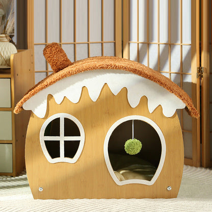 Contemporary Creative Curved House-Shaped Medium Density Fiberboard Teddy Fleece Fabric Cat Bed Dog Bed Toy Ball For Bedroom
