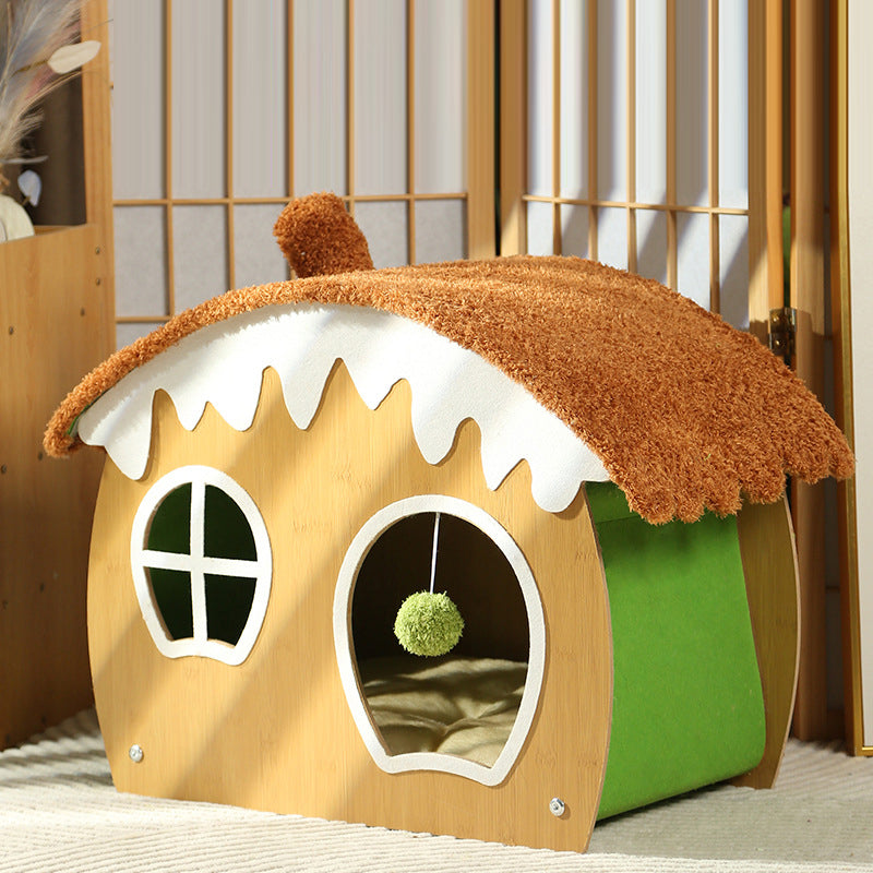 Contemporary Creative Curved House-Shaped Medium Density Fiberboard Teddy Fleece Fabric Cat Bed Dog Bed Toy Ball For Bedroom