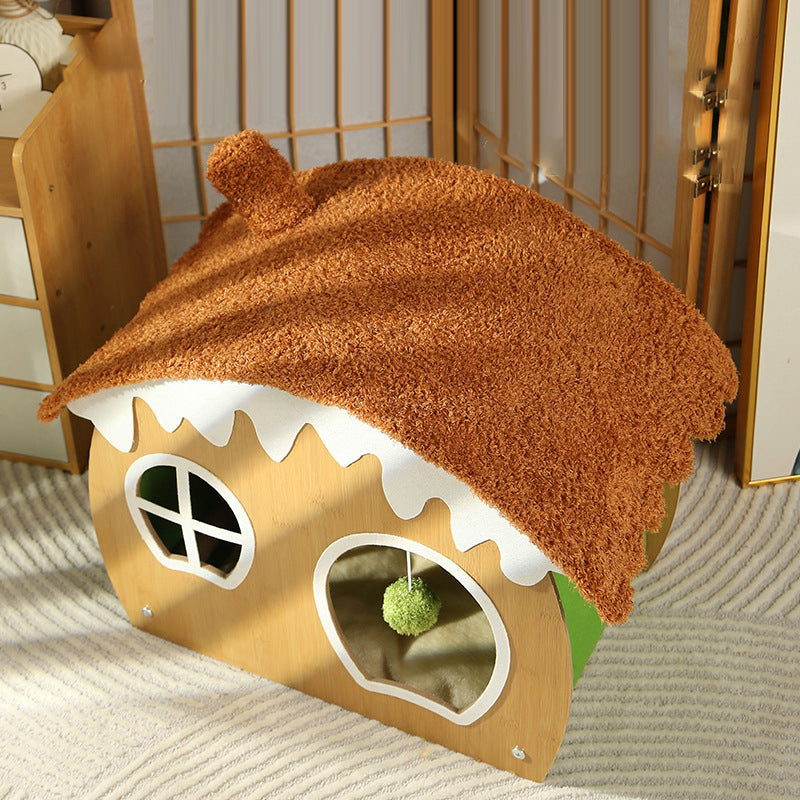 Contemporary Creative Curved House-Shaped Medium Density Fiberboard Teddy Fleece Fabric Cat Bed Dog Bed Toy Ball For Bedroom