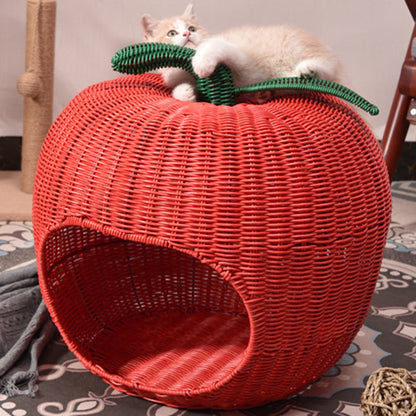Contemporary Creative Apple-Shaped PP/PE Rattan Velvet Cat Bed With Toy Ball For Bedroom