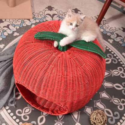 Contemporary Creative Apple-Shaped PP/PE Rattan Velvet Cat Bed With Toy Ball For Bedroom