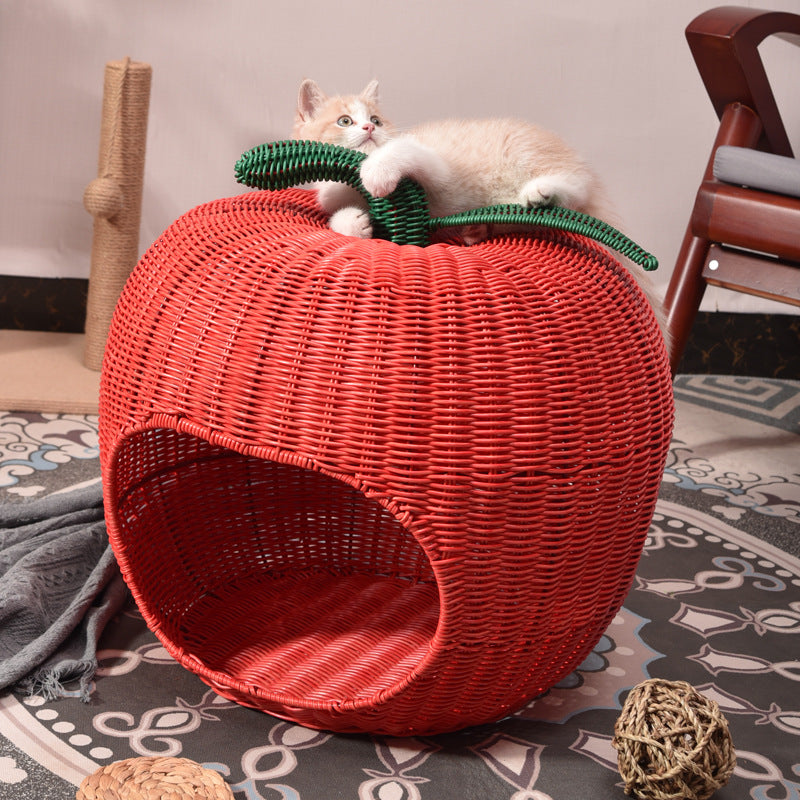 Contemporary Creative Apple-Shaped PP/PE Rattan Velvet Cat Bed With Toy Ball For Bedroom