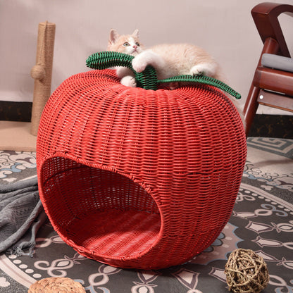 Contemporary Creative Apple-Shaped PP/PE Rattan Velvet Cat Bed With Toy Ball For Bedroom