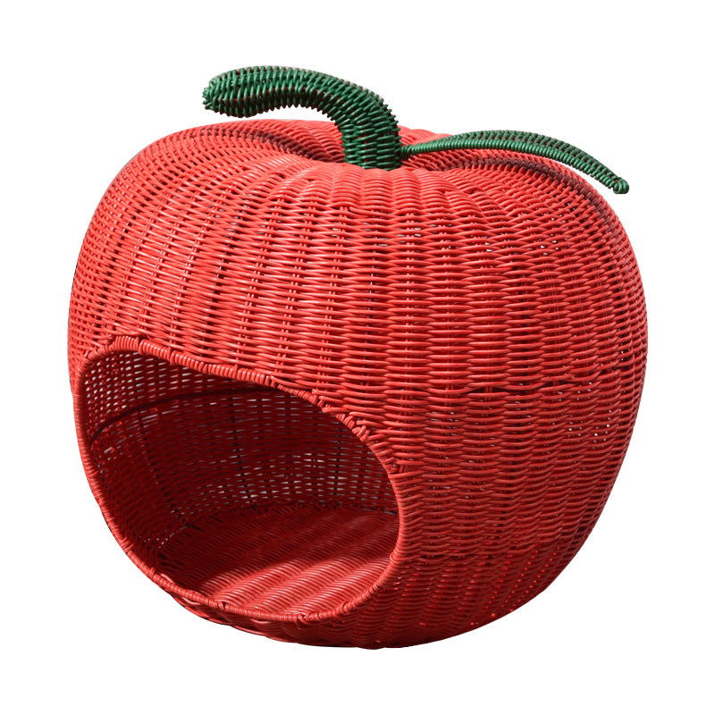 Contemporary Creative Apple-Shaped PP/PE Rattan Velvet Cat Bed With Toy Ball For Bedroom