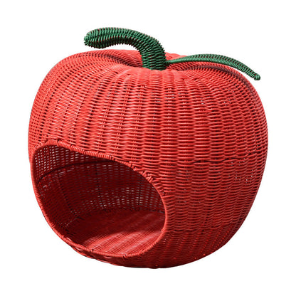 Contemporary Creative Apple-Shaped PP/PE Rattan Velvet Cat Bed With Toy Ball For Bedroom