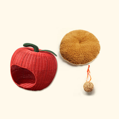 Contemporary Creative Apple-Shaped PP/PE Rattan Velvet Cat Bed With Toy Ball For Bedroom