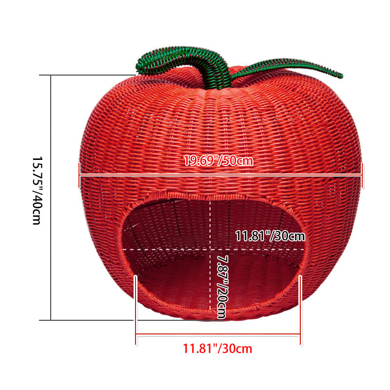 Contemporary Creative Apple-Shaped PP/PE Rattan Velvet Cat Bed With Toy Ball For Bedroom
