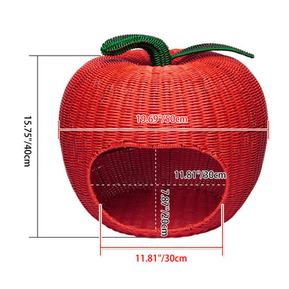 Contemporary Creative Apple-Shaped PP/PE Rattan Velvet Cat Bed With Toy Ball For Bedroom